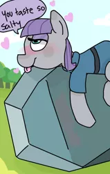 Size: 504x792 | Tagged: suggestive, artist:meowing-ghost, derpibooru import, maud pie, tom, maud pie (episode), :p, bedroom eyes, blushing, cargo ship, dialogue, female, heart, innuendo, licking, on top, prone, rock, rockcon, shipping, smiling, solo, that pony sure does love rocks, tomaud, tongue out