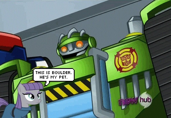 Size: 600x416 | Tagged: boulder, boulder (pet), derpibooru import, hub logo, maud pie, maud pie (episode), meme, pun, safe, the hub, transformers, transformers rescue bots