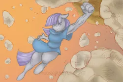 Size: 865x579 | Tagged: action pose, anthro, artist:weasselk, derpibooru import, equestria's best big sister, maud pie, maud pie (episode), maud pump, muscles, punch, rock, safe, scene interpretation, sinewy, solo, strength