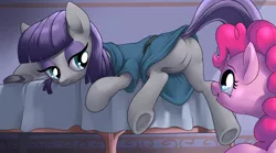 Size: 1280x712 | Tagged: suggestive, artist:stoic5, derpibooru import, maud pie, pinkie pie, earth pony, pony, maud pie (episode), butt, clothes, cute, dock, eyes on the prize, featureless crotch, female, looking back, mare, open mouth, plot, prone, siblings, sisters, skirt, underhoof, upskirt