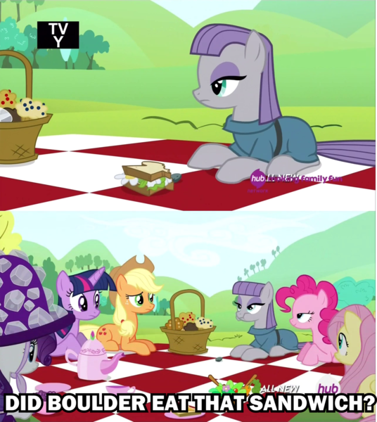 Size: 1285x1439 | Tagged: alicorn, applejack, boulder (pet), caption, derpibooru import, dialogue, edit, edited screencap, fluttershy, food, hub logo, image macro, maud pie, maud pie (episode), meme, pinkie pie, rarity, safe, sandwich, screencap, text, twilight sparkle, twilight sparkle (alicorn)