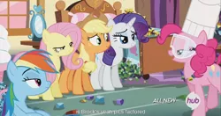 Size: 1440x762 | Tagged: applejack, caption, chubby, derpibooru import, edit, edited screencap, fluttershy, hub logo, maud pie (episode), meme, pinkie pie, rainbow dash, rarity, rock candy, safe, screencap, weight gain, youtube caption