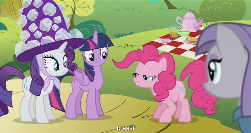 Size: 1439x763 | Tagged: safe, derpibooru import, edit, edited screencap, screencap, boulder (pet), maud pie, pinkie pie, rarity, twilight sparkle, twilight sparkle (alicorn), alicorn, pony, maud pie (episode), caption, female, giant hat, hat, mare, meme, youtube caption