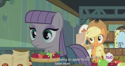 Size: 1439x761 | Tagged: applejack, caption, derpibooru import, edit, edited screencap, hub logo, maud pie, maud pie (episode), meme, safe, screencap, youtube caption