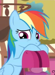 Size: 600x810 | Tagged: safe, derpibooru import, screencap, rainbow dash, pegasus, pony, maud pie (episode), bipedal, cute, dashabetes, female, mare, sad, sadorable, solo