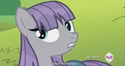 Size: 1439x761 | Tagged: caption, derpibooru import, edit, edited screencap, hub logo, maud pie, maud pie (episode), meme, safe, screencap, solo, wet, wet mane, youtube caption