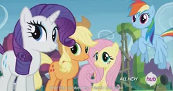 Size: 1439x761 | Tagged: applejack, caption, derpibooru import, edit, edited screencap, fluttershy, hub logo, maud pie (episode), meme, rainbow dash, rarity, safe, screencap, youtube caption