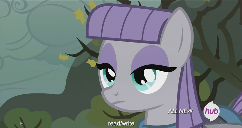 Size: 1438x762 | Tagged: all new, caption, derpibooru import, edit, edited screencap, hub logo, maud pie, maud pie (episode), meme, safe, screencap, solo, text, youtube caption