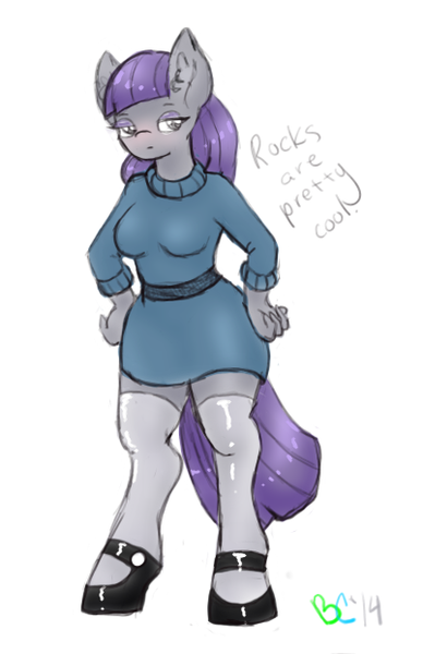 Size: 402x621 | Tagged: safe, artist:bunnycat, derpibooru import, maud pie, anthro, earth pony, maud pie (episode), clothes, dress, mary janes, shoes, solo, stockings, thigh highs