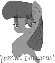 Size: 679x777 | Tagged: artist:zev, derpibooru import, grayscale, happy, looking at you, maud pie, maud pie (episode), meme, misspelling, monochrome, safe, solo, wavy mouth, x intensifies