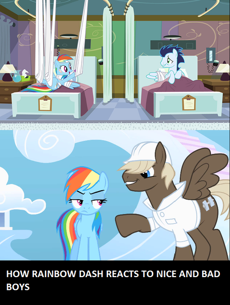 Size: 636x842 | Tagged: annoyed, bandage, bed, cast, clothes, derpibooru import, dumbbell, edit, edited screencap, feignbow dash, happy, hard hat, hospital, hospital bed, lab coat, lidded eyes, meme, neck brace, rainbow dash, rainbow falls, safe, screencap, sling, smiling, soarin', sonic rainboom (episode)