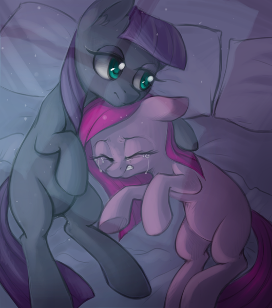 Size: 670x759 | Tagged: artist:lightning-stars, bed, crying, derpibooru import, equestria's best big sister, maud pie, pinkamena diane pie, pinkie pie, sad, safe, solace