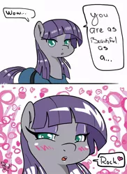 Size: 576x792 | Tagged: suggestive, artist:amostheartman, derpibooru import, maud pie, earth pony, pony, maud pie (episode), blushing, clothes, cute, female, looking at you, mare, open mouth