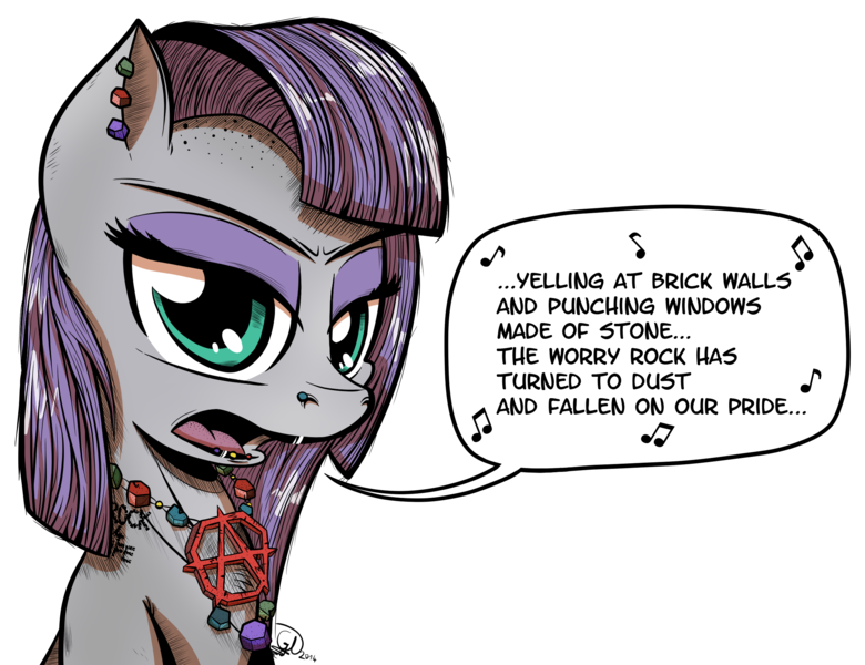 Size: 2294x1764 | Tagged: anarchy, artist:gray--day, derpibooru import, green day, i can't believe it's not idw, lyrics, maud pie, maud pie (episode), punk, rock necklace, safe, solo, song reference, tattoo, text, worry rock