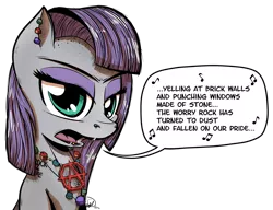 Size: 2294x1764 | Tagged: anarchy, artist:gray--day, derpibooru import, green day, i can't believe it's not idw, lyrics, maud pie, maud pie (episode), punk, rock necklace, safe, solo, song reference, tattoo, text, worry rock