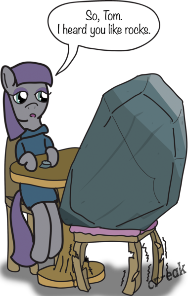 Size: 2033x3210 | Tagged: artist:ricepoison, boulder (pet), cargo ship, chair, derpibooru import, female, maud pie, maud pie (episode), rockcon, safe, shipping, sitting, table, tom, tomaud