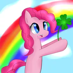 Size: 1024x1024 | Tagged: safe, artist:kawaiipony2, derpibooru import, pinkie pie, earth pony, pony, clover, female, four leaf clover, holiday, mare, open mouth, rainbow, saint patrick's day, smiling, solo