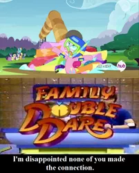 Size: 683x850 | Tagged: derpibooru import, double dare, family double dare, maud pie, maud pie (episode), nickelodeon, obstacle course, pinkie pie, pinkierainbowraritwiapplefluttermaudfuntime, safe