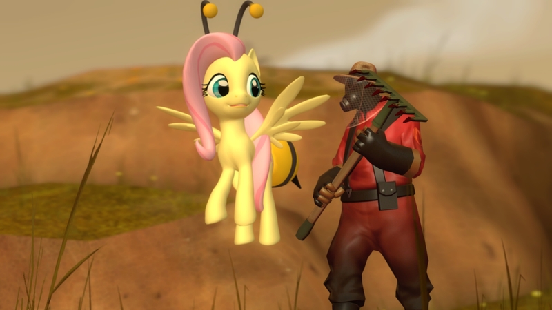 Size: 1366x768 | Tagged: 3d, animal costume, artist:fezwearingdoctor, bee costume, clothes, costume, derpibooru import, flutterbee, fluttershy, gmod, it ain't easy being breezies, pyro, safe, team fortress 2