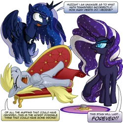 Size: 1000x1000 | Tagged: safe, artist:berrypawnch, derpibooru import, derpy hooves, nightmare rarity, princess luna, pegasus, pony, derp, fainting couch, female, food, funny, funny as hell, i just don't know what went wrong, mare, muffin, personality swap, tabitha st. germain, the worst possible thing, voice actor joke