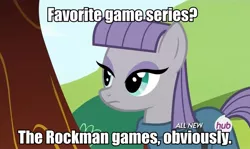 Size: 908x540 | Tagged: caption, derpibooru import, edit, edited screencap, image macro, maud pie, maud pie (episode), megaman, meme, rock, rock pun, safe, screencap, solo, text