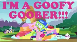 Size: 639x351 | Tagged: derpibooru import, goofy goober, hub logo, maud pie (episode), meme, pinkie pie, pinkierainbowraritwiapplefluttermaudfuntime, pink text, safe, spongebob squarepants, the spongebob squarepants movie