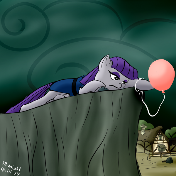 Size: 1000x1000 | Tagged: artist:m_d_quill, balloon, boulder (pet), cliff, derpibooru import, fence, house, maud pie, maud pie (episode), rock farm, sad, safe, solo