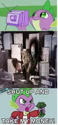 Size: 472x1016 | Tagged: derpibooru import, exploitable meme, futurama, godzilla, godzilla 2014, godzilla (series), kaiju, meme, neca, obligatory pony, philip j. fry, safe, shut up and take my money, spike, tv meme