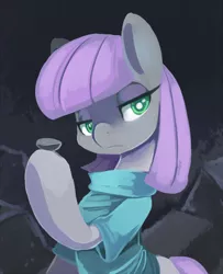 Size: 493x608 | Tagged: safe, artist:ende26, derpibooru import, boulder (pet), maud pie, earth pony, pony, maud pie (episode), balancing, bust, carrying, clothes, frown, hoof hold, image, jpeg, looking at you, paint tool sai, portrait, rock, sitting, solo