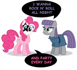 Size: 1208x1102 | Tagged: corpse paint, derpibooru import, face paint, grin, kiss (band), looking at you, maud pie, music, paul stanley, pinkie pie, rock, rock and roll, rock and roll all nite, safe, singing, smiling, song reference, speech bubble