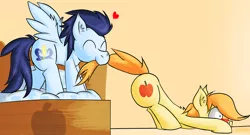 Size: 1280x689 | Tagged: artist:darkyosh, backwards cutie mark, bed, blushing, braeburn, derpibooru import, ear fluff, eyes closed, face down ass up, gay, heart, male, pulling, shipping, smiling, soarburn, soarin', spread wings, suggestive, tail, tail pull, wide eyes, wingboner, wings