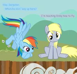 Size: 899x857 | Tagged: safe, artist:fonypan, derpibooru import, derpy hooves, dinky hooves, rainbow dash, pegasus, pony, abuse, dialogue, dinkybuse, equestria's best mother, equestria's worst mother, female, flying lesson, implied death, implied dinky, mare, this will end in death, this will end in tears, this will end in tears and/or death, we are going to hell
