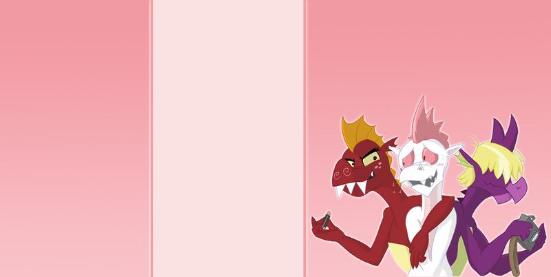 Size: 1902x956 | Tagged: artist:dmann892, ask closet fizzle, blushing, camera, derpibooru import, dragon, fizzle, fume, garble, lipstick, pink, safe, spear (dragon), teenaged dragon, tumblr, wallpaper