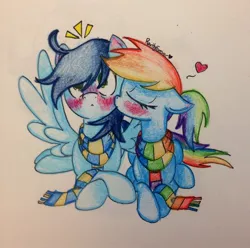 Size: 1024x1016 | Tagged: safe, artist:rarityforever, derpibooru import, rainbow dash, soarin', alternate hairstyle, blushing, clothes, eyes closed, female, kiss on the cheek, kissing, male, ponytail, scarf, shipping, soarindash, spread wings, straight, surprise kiss, surprised, traditional art, wingboner, wings