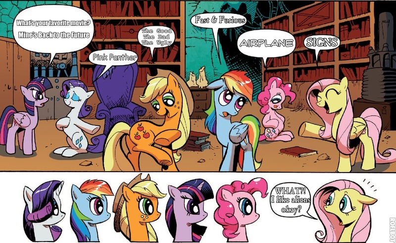 Size: 800x490 | Tagged: safe, derpibooru import, edit, idw, applejack, fluttershy, pinkie pie, rainbow dash, rarity, twilight sparkle, twilight sparkle (alicorn), alicorn, pony, spoiler:comic, spoiler:comic17, airplane!, back to the future, exploitable meme, fast and furious, female, mane 6 interests, mane six, mare, meme, obligatory pony, pink panther, signs, the good the bad and the ugly