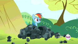 Size: 640x360 | Tagged: all new, animated, crossed hooves, derpibooru import, frown, glare, hub logo, maud pie (episode), oh come on, rainbow dash, rock, safe, screencap, season 4, sitting, solo, spread wings, subtitles, text, throwing, wings