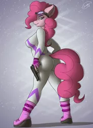 Size: 1833x2500 | Tagged: anthro, artist:skipsy, ass, beretta, breasts, busty pinkie pie, butt, catsuit, derpibooru import, female, fili-second, gun, handgun, looking at you, no trigger discipline, pinkie pie, pistol, power ponies, power ponies (episode), skinsuit, solo, solo female, suggestive, tight clothing, weapon, wedgie