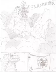 Size: 1700x2183 | Tagged: artist:johng117, comic, crossover, derpibooru import, godzilla, godzilla (series), kaiju, monochrome, rise of the kaiju, safe, spacegodzilla, twilight sparkle