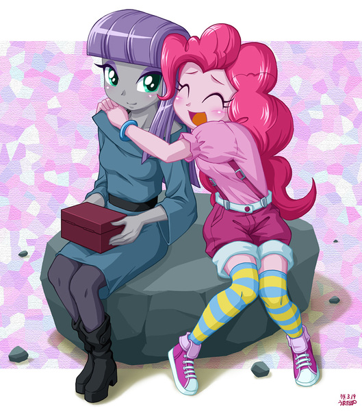 Size: 793x900 | Tagged: safe, artist:uotapo, derpibooru import, maud pie, pinkie pie, equestria girls, maud pie (episode), blushing, boots, clothes, cute, diapinkes, eyes closed, female, hug, maudabetes, open mouth, shoes, shorts, sitting, smiling, sneakers, socks, striped socks, suspenders, uotapo is trying to murder us, when she smiles