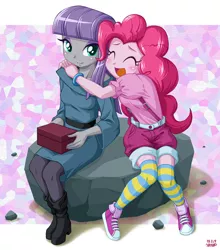 Size: 793x900 | Tagged: safe, artist:uotapo, derpibooru import, maud pie, pinkie pie, equestria girls, maud pie (episode), blushing, boots, clothes, cute, diapinkes, eyes closed, female, hug, maudabetes, open mouth, shoes, shorts, sitting, smiling, sneakers, socks, striped socks, suspenders, uotapo is trying to murder us, when she smiles