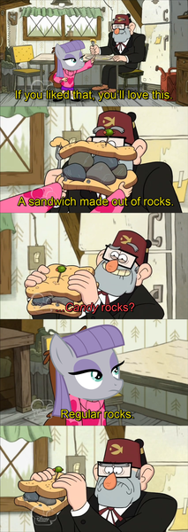 Size: 1366x3840 | Tagged: carpet diem, comic, derpibooru import, disney channel, edit, edited screencap, fez, food, gravity falls, grunkle stan, hat, mabel pines, maud pie, maud pie (episode), rock, safe, sandwich, screencap, stan pines