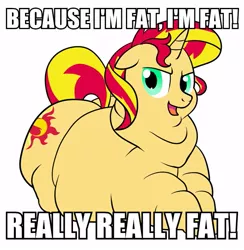 Size: 585x600 | Tagged: safe, artist:calorie, derpibooru import, sunset shimmer, pony, unicorn, caption, fat, fat (song), image macro, meme, obese, slobset shimmer, solo, song reference, text, weird al thread, weird al yankovic