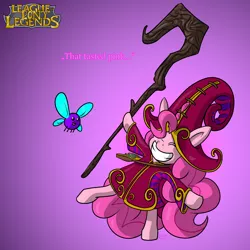 Size: 2000x2000 | Tagged: clothes, crossover, derpibooru import, giant hat, hat, league of legends, lulu (league of legends), parasprite, pinkie pie, robe, safe, staff