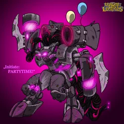 Size: 2000x2000 | Tagged: artist:davidcurser, balloon, blades, cho'gath, crossover, derpibooru import, glowing eyes, league of legends, mecha, pinkie pie, safe, solo