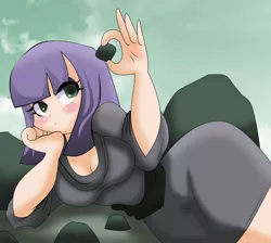 Size: 1720x1540 | Tagged: artist:lucky-jj, blushing, colored pupils, cute, derpibooru import, eye clipping through hair, female, human, humanized, looking at something, maudabetes, maud pie, maud pie (episode), rock, safe, solo