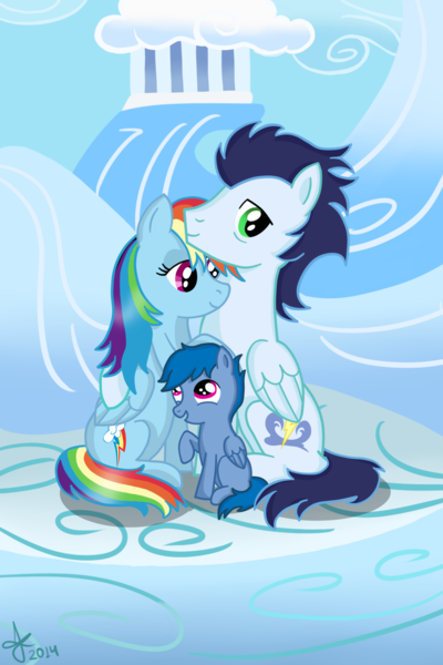 Size: 1000x1500 | Tagged: safe, artist:ojos-color-bosque, derpibooru import, rainbow dash, soarin', oc, cloud, cloudy, colt, family, female, male, offspring, parent:rainbow dash, parent:soarin', parents:soarindash, shipping, sitting, smiling, soarindash, straight