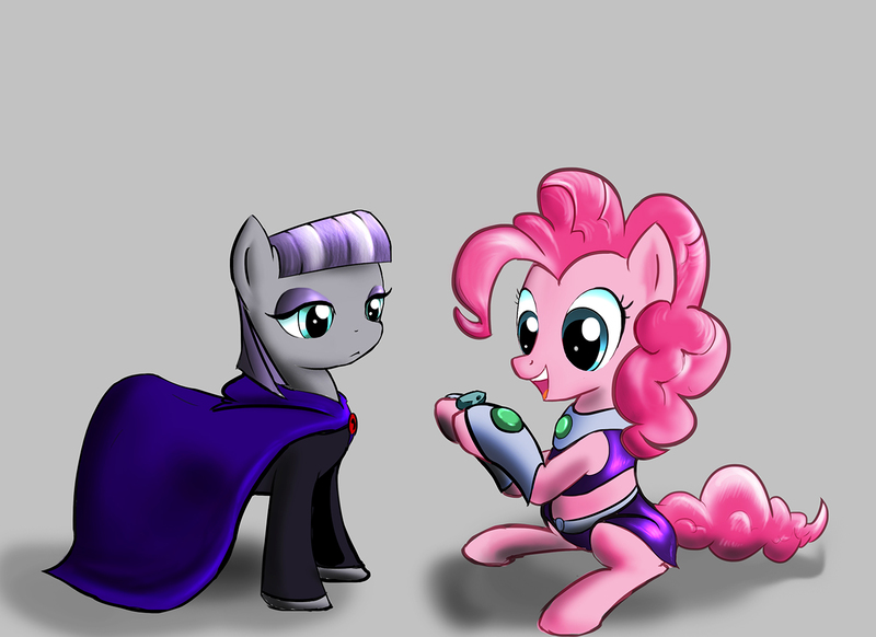 Size: 1375x1000 | Tagged: artist:d-lowell, boulder (pet), derpibooru import, maud pie, maud pie (episode), midriff, pinkie pie, raven (teen titans), safe, starfire, teen titans