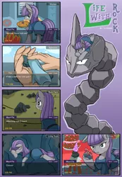 Size: 888x1280 | Tagged: artist:vavacung, blushing, boulder (pet), comic, crossover, derpibooru import, engrish, hat, life with monster girl, maud pie, onix, party hat, pet rock, pokémon, rock, safe, slice of life