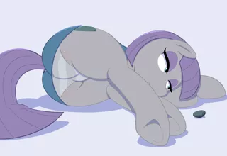 Size: 1550x1065 | Tagged: artist:acstlu, boulder (pet), butt, clothes, derpibooru import, female, hooves, maud pie, panties, plot, side, skirt, solo, solo female, striped underwear, suggestive, underhoof, underwear, upskirt, wedgie