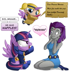 Size: 1000x1000 | Tagged: safe, artist:berrypawnch, derpibooru import, twilight sparkle, twilight sparkle (alicorn), alicorn, human, pony, bubbles (powerpuff girls), crossover, cute, female, mare, personality swap, raven (teen titans), tara strong, teen titans, the powerpuff girls, twiabetes, twiraven, voice actor joke